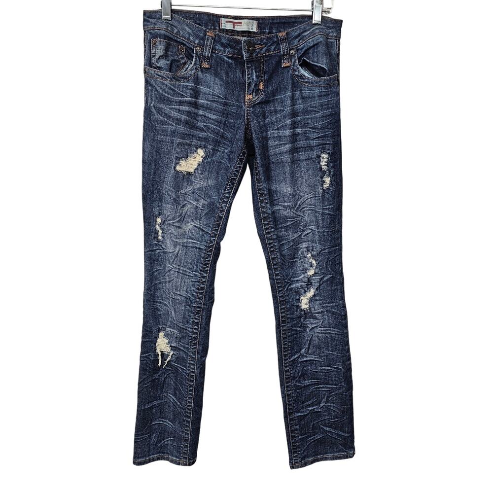 T Five Denim Low Waisted Distressed Straight Jeans Blue Washed Cotton Womens 9